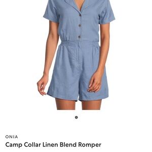 NWT Onia Blue Camp Collar Linen Blend Romper Medium